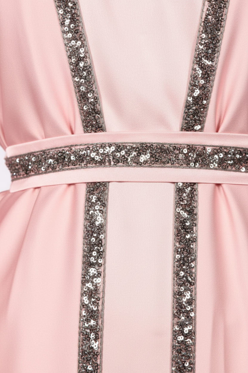 Abaya Satin - inzoomad detaljbild, glitterdetaljer
